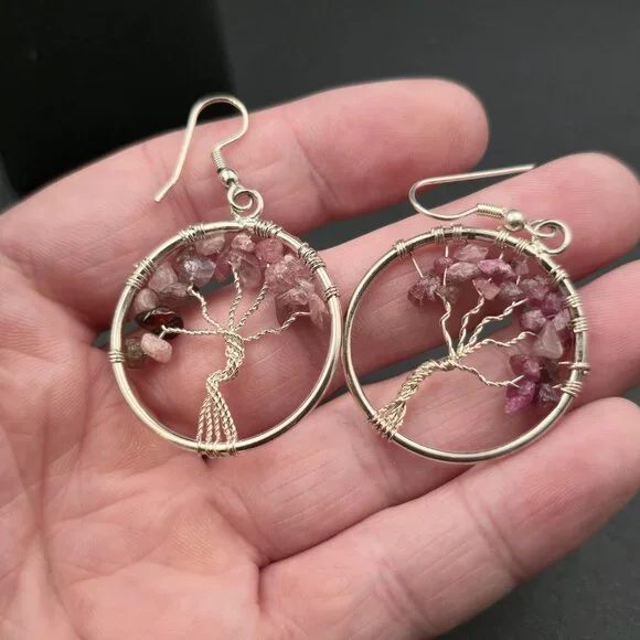 Silver Plated Pink Tourmaline Tree Of Life Earrings A6750 - Picture 3 of 5